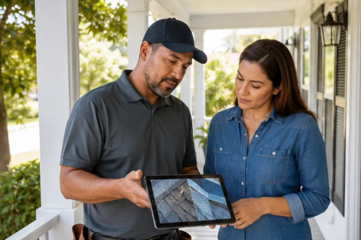 Houston roof inspector reviewing condition photos with a property owner
