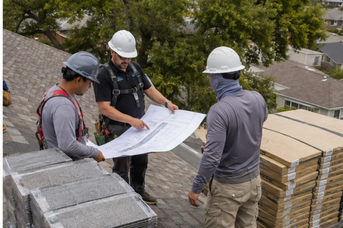 Houston roofing crew reviewing roof replacement staging and property protection